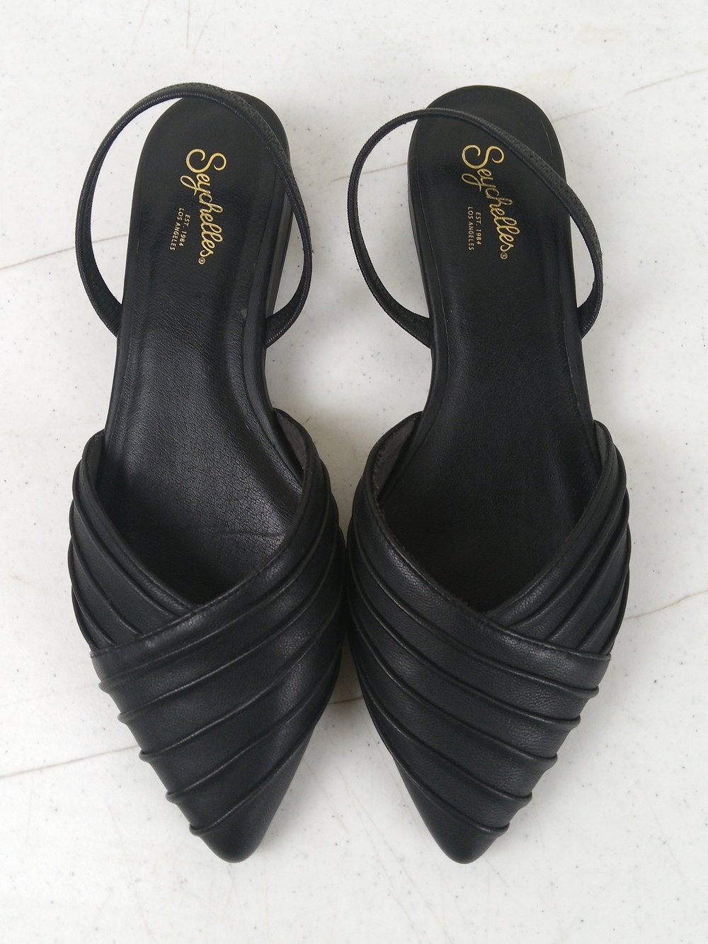 Seychelles Women's Black Leather Pointed Slingback Flats Elastic Back Strap 7.5